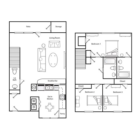3 bedroom 2.5 bathroom floorplan image at Broadwater Townhomes in Chester, VA